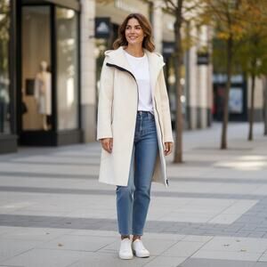 Isaksen Design Wool Coat 100% Wool Cream Asymmetrical Zip Size M 40